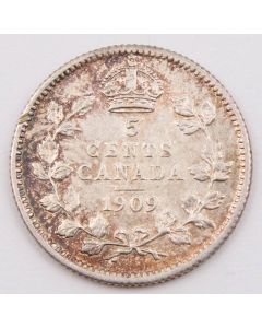 1909 Canada 5 cents round leaves bow Choice AU 