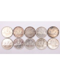 10x 1953 Canada Silver Dollars 10-coins EF to Choice AU 