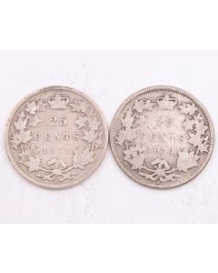 1872H and 1874H Canada 25 cents circulated