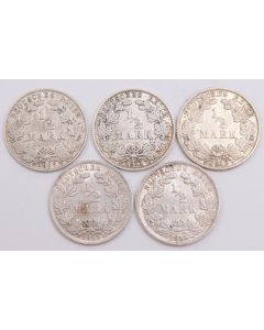 Germany 1/2 Mark silver coins 1906D 1911A 1913F 1915A 1915F 