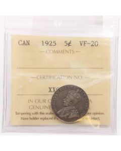 1925 Canada 5 Cent Coin ICCS VF-20