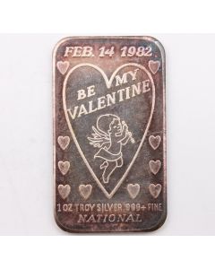 1 oz National Refiners Assay Silver Art Bar Be My Valentine .999 fine 