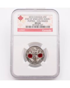 2010 Canada 25 cent End of WWII NGC MS66 65th Anni Poppies Colorized