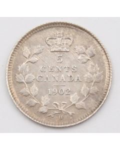 1902 Small H Canada 5 cents EF/AU