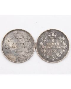1902 LH and 1903 LH Canada 5 cents silver boins 2-coins VF or better