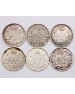 1912 1913 1916 1917 1918 1920 Canada 5 cents silver 6-coins VF/EF