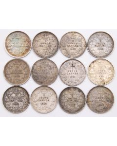 12x 1902 Canada 5 cents silver coins 12-coins EF or better