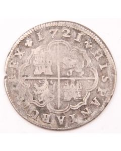 1721 Spain 2 Reales silver coin 5.0 grams VG details damaged