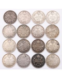 16X Canada 5 cents silver coins  4x1912 12x1913  16 coins VG to F+