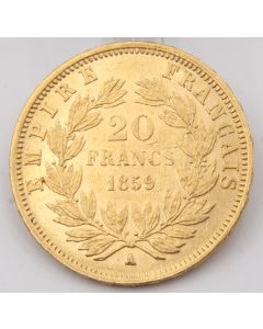 1859 A France 20 Francs gold coin very nice EF/AU