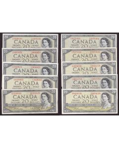 10x 1954 Canada $20 banknotes 10-notes VF or better