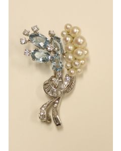 Ribbon Blossom Platinum Pearl Diamond Aquamarine Brooch