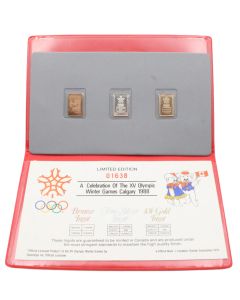 Calgary 1988 Olympics set of 3 ingots Bronze Silver and 10K gold 1 gram bars 