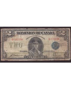 1923 Canada $2 banknote McCavour Saunders BLUE Seal-2 S-132256 circulated