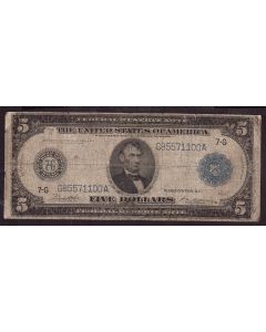 1914 $5 Chicago Federal Reserve Note 7G Lincoln White Melon G85571100A  VG