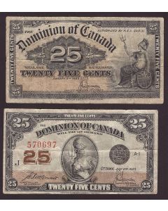 1x 1901 and 1x 1923 Canada 25 cent banknotes 2-notes VG-F