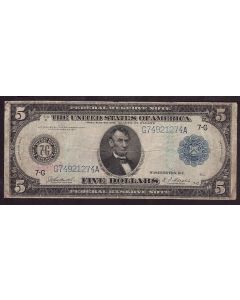 1914 $5 Chicago Federal Reserve Note 7G Burke Houston G74921274A F+