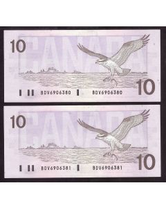 2x 1989 Canada $10 consecutive notes Bonin Theissen BDV6906380-81 CH UNC