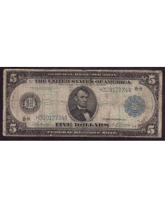 1914 $5 St. Louis Federal Reserve Note 8H Burke Houston H30912734A VG