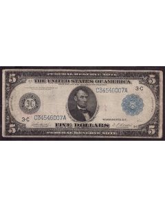 1914 $5 Philadelphia Federal Reserve Note 3C Burke Houston C34546007A a/VF