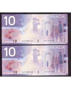 2x 2000 Canada $10 consecutive notes Knight Theissen FDT1088119-20 CH UNC