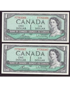 2x 1954 Canada $1 consecutive Bouey Rasminsky N/F7763366-67 CH UNC