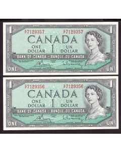 2x 1954 Canada $1 consecutive Bouey Rasminsky S/F7129356-67 CH UNC
