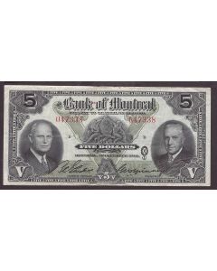 1942 Bank of Montreal $5 banknote SN 047338 nice almost EF a/EF