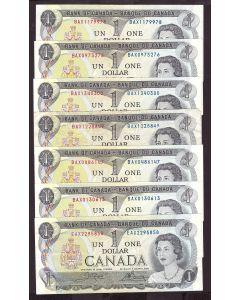 7x 1973 Canada $1 replacement notes 1-EAX and 6-BAX Fine to AU