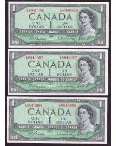 3x 1954 Canada $1 consecutive notes Beattie Rasminsky C/P8940056-58 CH UNC+