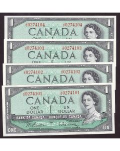 4x 1954 Canada $1 consecutive notes Beattie Rasminsky J/O0274101-04 CH UNC+