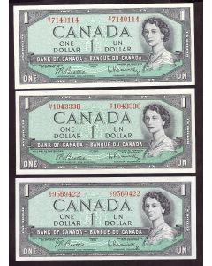 3x 1954 Canada $1 notes Beattie Rasminsky 3-different prefix H/Y R/Y V/O UNC+
