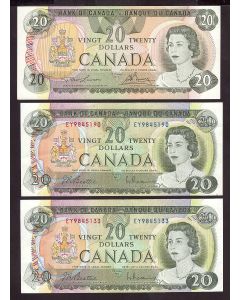 3x Canada $20 banknotes 2x1969 1x1979  3-$20 notes VF+ to AU