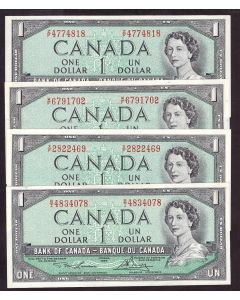4x 1954 Canada $1 notes Lawson Bouey 4-different prefix B/I W/F X/F Z/F UNC+