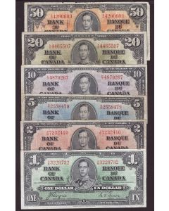 1937 Canada banknote set $1 $2 $5 $10 $20 $50 6-notes FINE or better