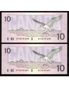 2x 1989 Canada $10 consecutive notes Theissen Crow ATC0151690-91 CH UNC