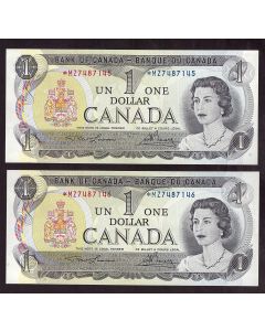 2x 1973 Canada $1 replacement banknotes consec. *MZ7487145-46 CH UNC EPQ