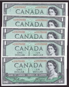 5x 1954 Canada $1 replacement banknotes BC37aA *A/A0076687-91 AU+ to UNC+