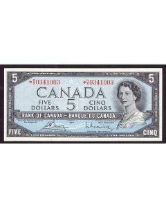 1954 Canada $5 replacement note Beattie *R/X0341003 Choice UNC