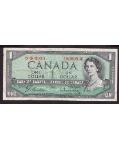 1954 Canada $1 note Beattie Rasminsky A/O 0000930 low serial number F/VF