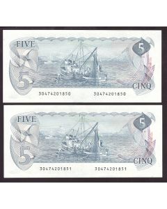 2x 1979 Canada consecutive $5 banknotes Crow Bouey 30474201850-51 CH UNC