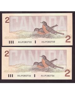 2X 1986 Canada $2 consecutive notes Crow Bouey AUJ9282735-36b CH UNC+