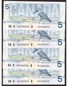 4x 1986 Canada $5 consecutive note Crow Bouey ENC5088949-52 BC56a CH UNC
