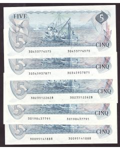 5x 1979 Canada $5 notes Lawson Bouey Prefix #s 300 301 302 303 304 CH UNC