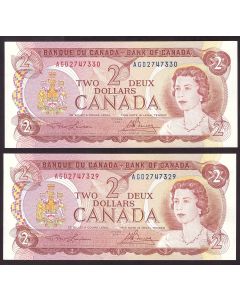 2x 1974 Canada $2 consecutive notes Lawson Bouey AGD2747329-30 CH UNC+