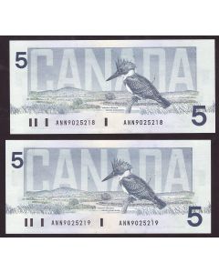 2x 1986 Canada $5 consecutive notes Knight Theissen ANN9025218-9 CH UNC