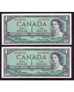 2x 1954 Canada $1 banknotes J/M6449549-50 Dark obverse Ink CH AU/UNC