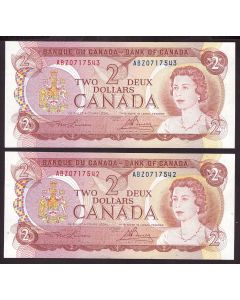 2x 1974 Canada $2 consecutive notes Lawson Bouey ABZ0717542-43 CH UNC+