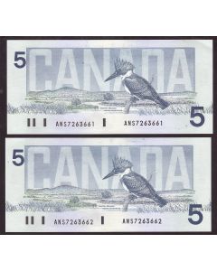 2X 1986 Canada $5 banknote Knight Dodge ANS7263661-62 BC-56e-i Choice UNC