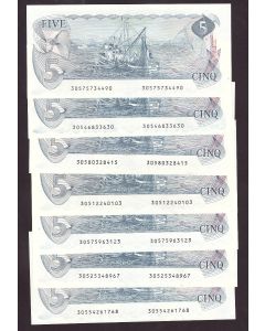 7x 1979 Canada $5 notes Salmon Seiner Crow Bouey 7-notes all Uncirculated